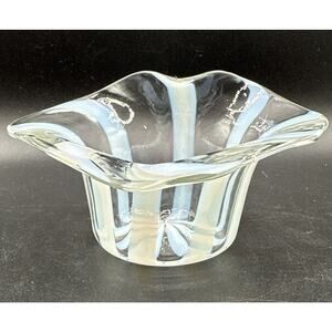 Stunning Murano Style White Opalescent Striped Bowl Ruffled Bowl Excellent! C24